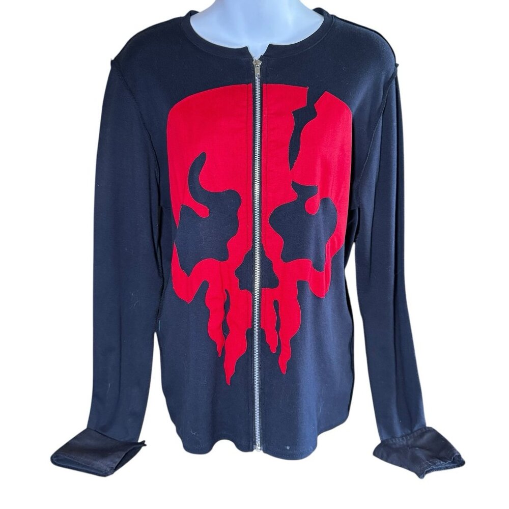 Black Zip-Front Long Sleeve Top with Red Skull Graphic